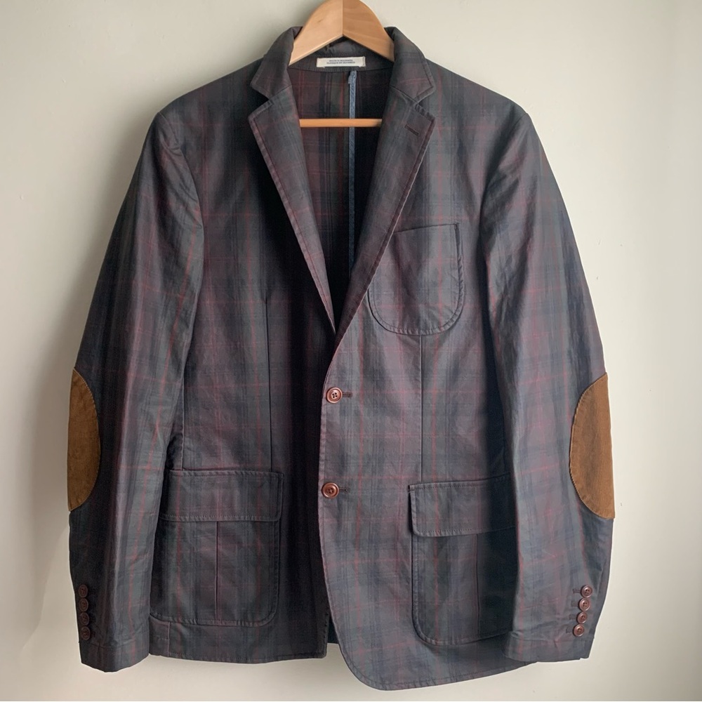 Land’s End Men’s Waxed Cotton Plaid Blazer Elbow Patches Size 38R